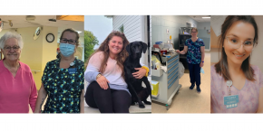 In order from left to right: 1) Darlene (right) is pictured here with Florence (left), a resident who lives at Extendicare Tri-Town. 2) Sometimes, when Mandy is not working, she will bring her dog Zeus into the home to visit the residents. 3). Cheryl with a cart and 4) Ashley at work!