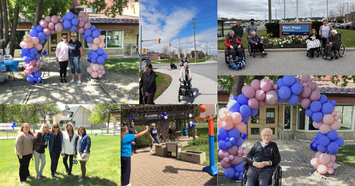 A collage of people, some in wheelchairs, participating in outdoor activities and group photos near a building with purple and pink balloon decorations.