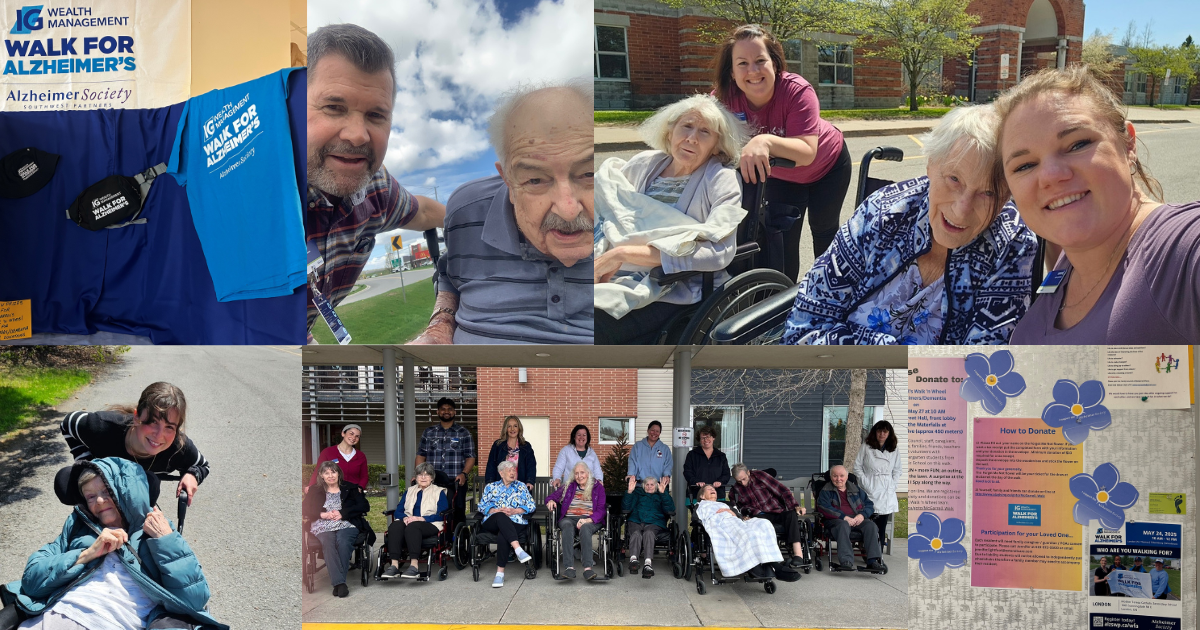 Collage of people participating in Alzheimer's awareness events, showing group photos, outdoor activities, and informational displays about Alzheimer's disease.