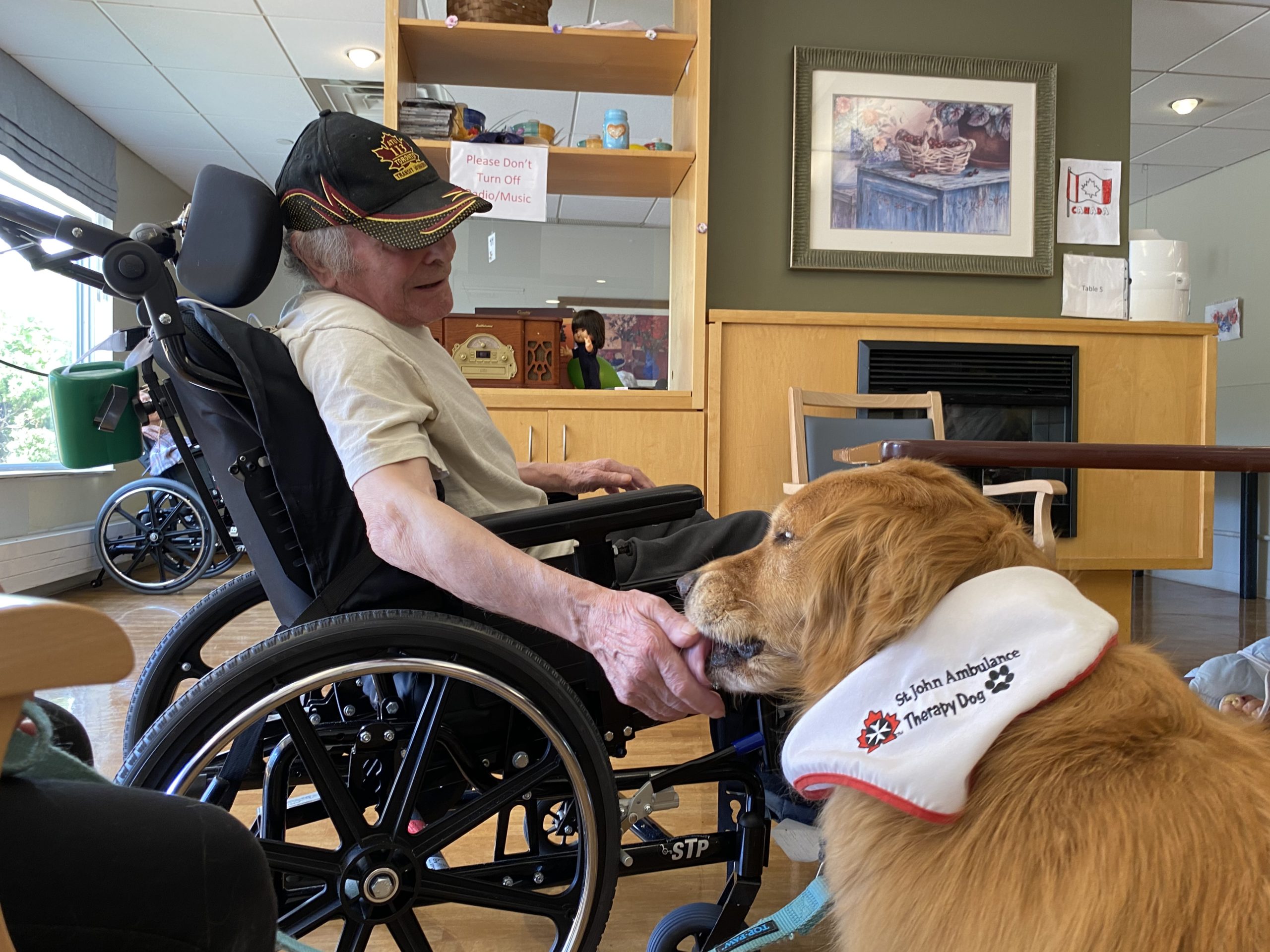 An elderly man in a wheelchair pets a golden retriever wearing a "St. John Ambulance Therapy Dog" scarf in a care facility common area.