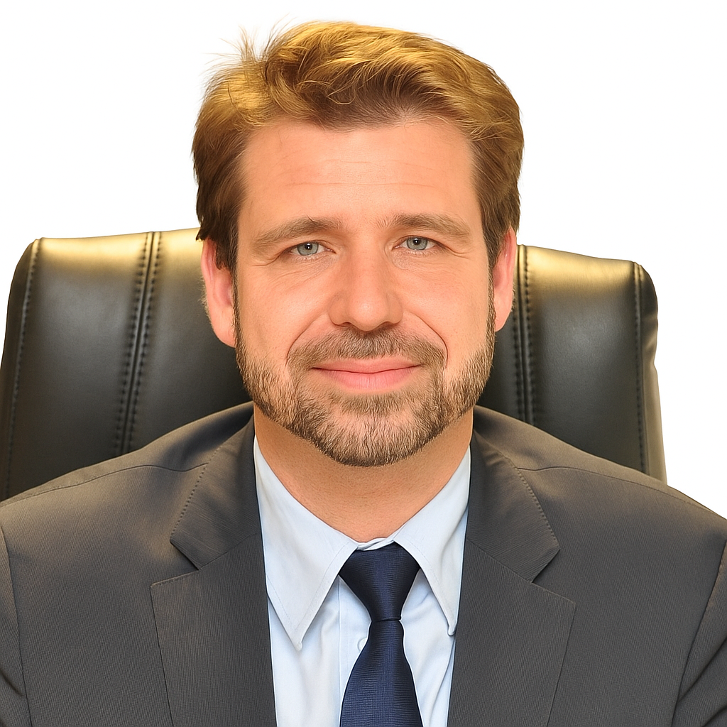 A man in a suit and tie is sitting in a black leather chair, facing the camera and smiling slightly.