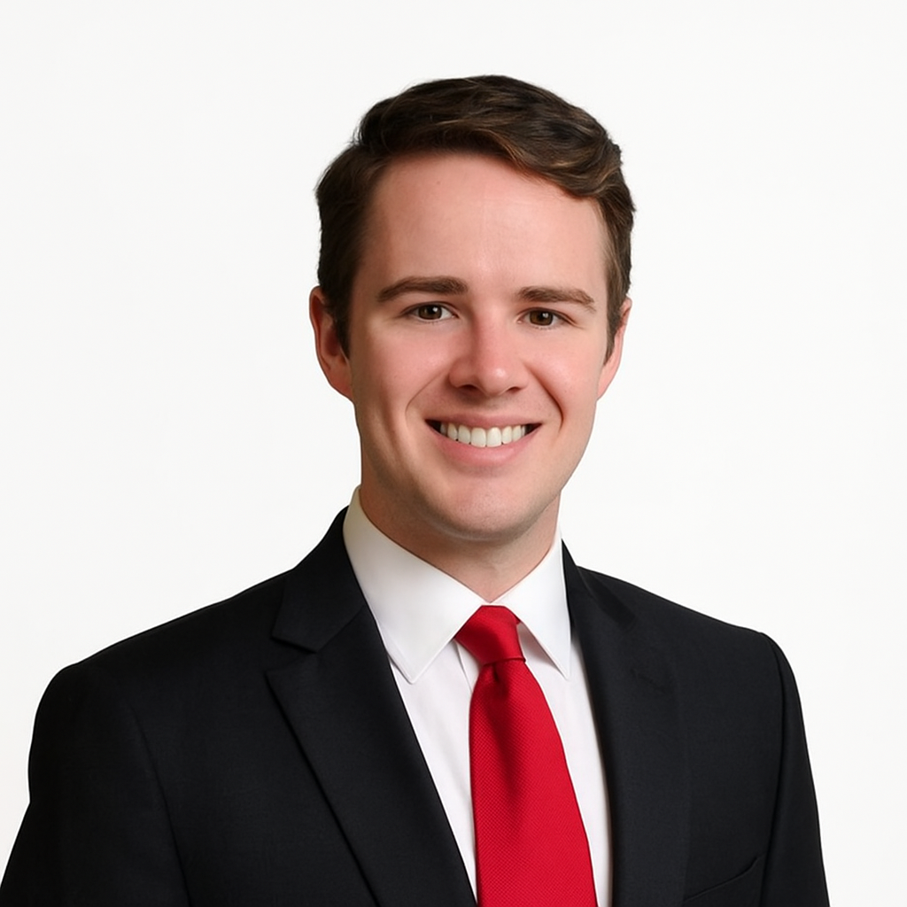 A young man in a black suit, white shirt, and red tie is smiling at the camera against a plain white background.